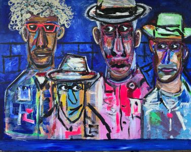 “Four Brothers in a state of Perpetual Confusion” Acrylic on Birch Board 48 X 60”
